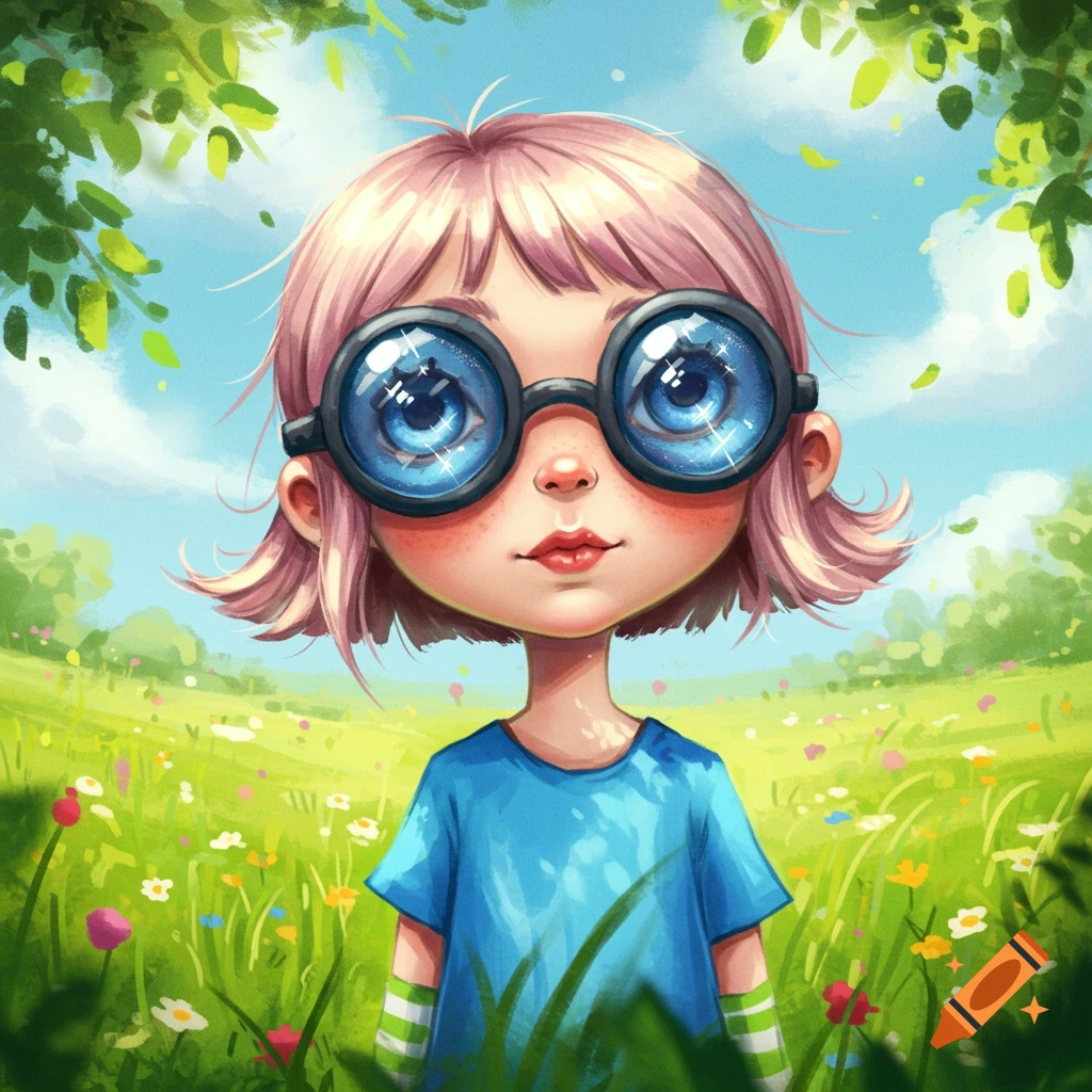 A cute cartoon girl with pink hair, large blue goggles, and a blue shirt stands in a sunny green field of flowers.