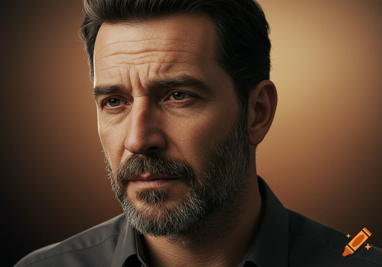 Close-up photorealistic portrait of a serious middle-aged man with a beard and grey hair, looking to the left.
