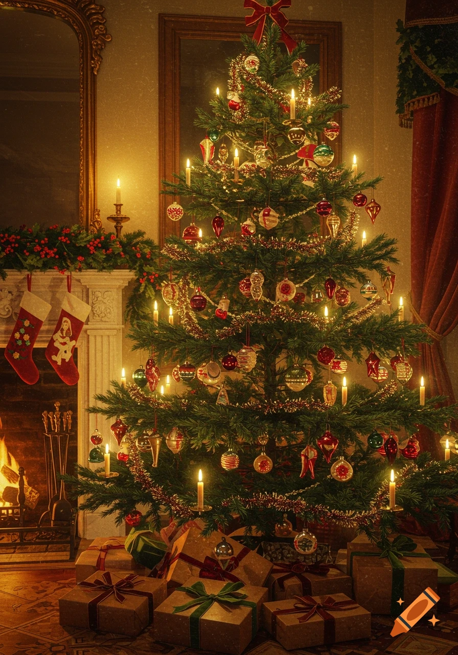A festive vintage Christmas tree adorned with candles, ornaments, and tinsel, surrounded by wrapped gifts, next to a fireplace with stockings.