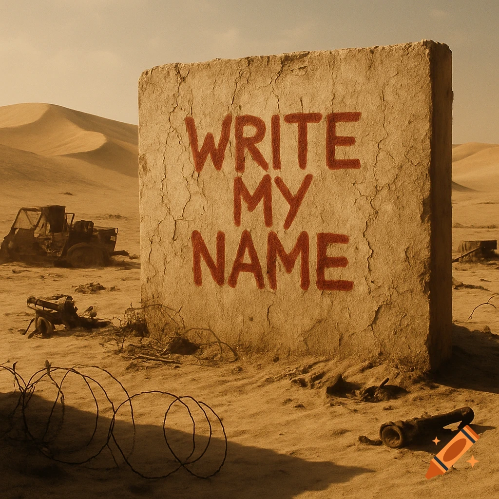 A desolate desert landscape with a cracked concrete wall spray-painted with 'WRITE MY NAME' in red, with a destroyed vehicle.