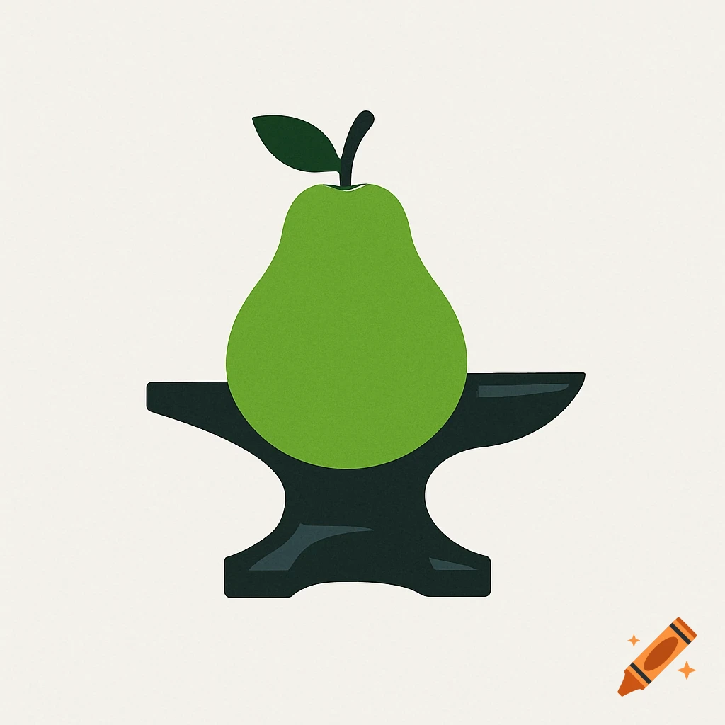 A green pear with a stem and leaf sits on a black anvil in a simple, flat design logo.