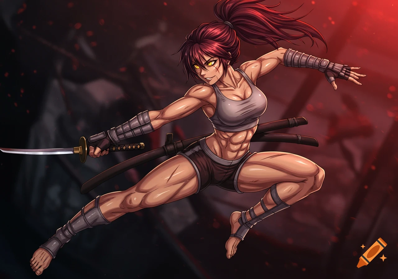 An anime-style illustration of a muscular, red-haired woman with a katana, mid-leap in a combat pose.