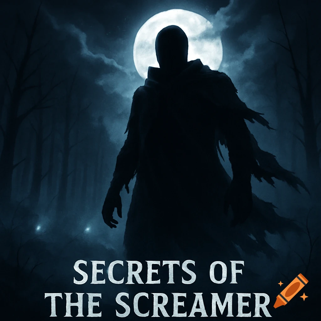 A shadowy cloaked figure in a dark, moonlit forest with text 'SECRETS OF THE SCREAMER' below, in a spooky game art style.