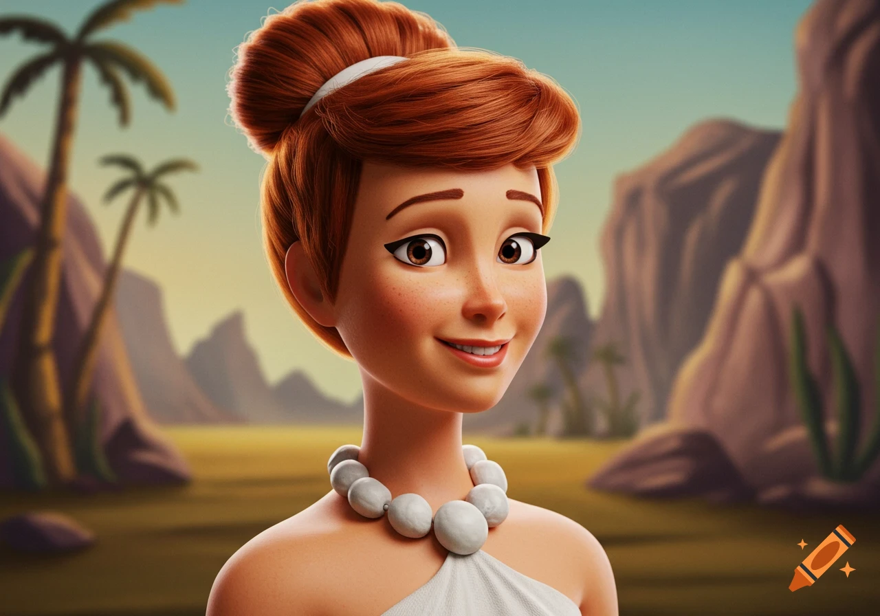 A realistic 3D animated portrait of Wilma Flintstone smiling, set against a prehistoric landscape with palm trees and mountains.