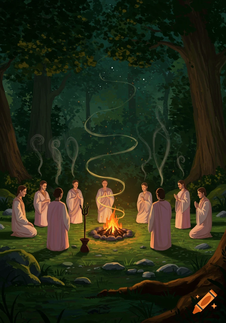 A group of robed figures gather in a forest at night around a glowing campfire, with mystical wisps rising into the air.