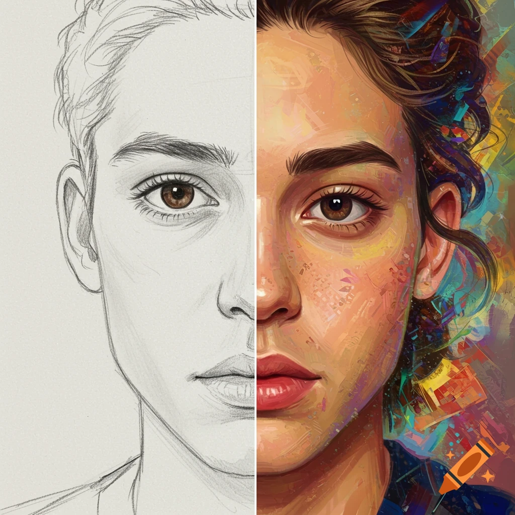 A split portrait showing a person's face. The left side is a detailed pencil sketch, while the right side is a colorful, expressive painting.