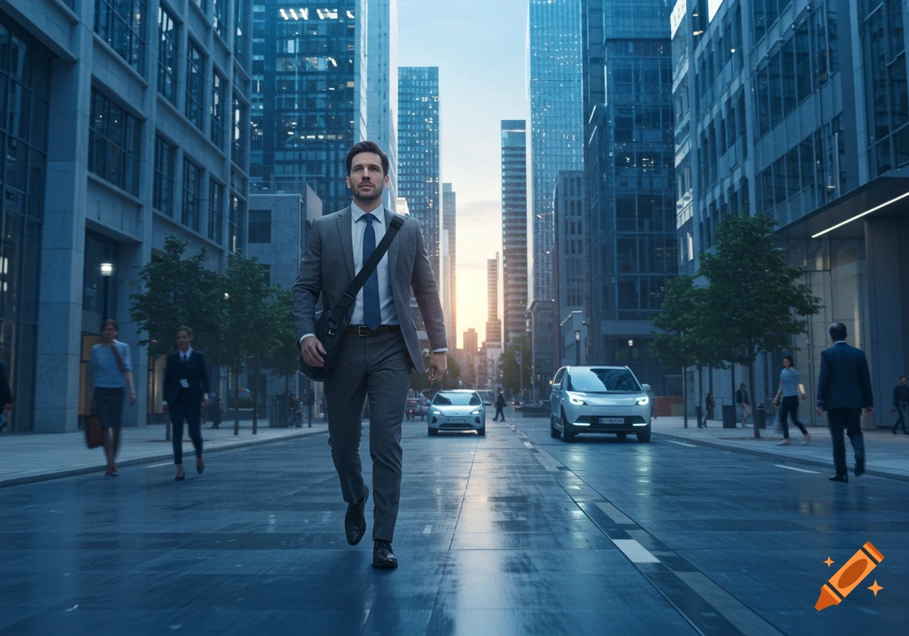 A man in a suit with a messenger bag walks down a wet city street lined with skyscrapers and cars, at sunset.