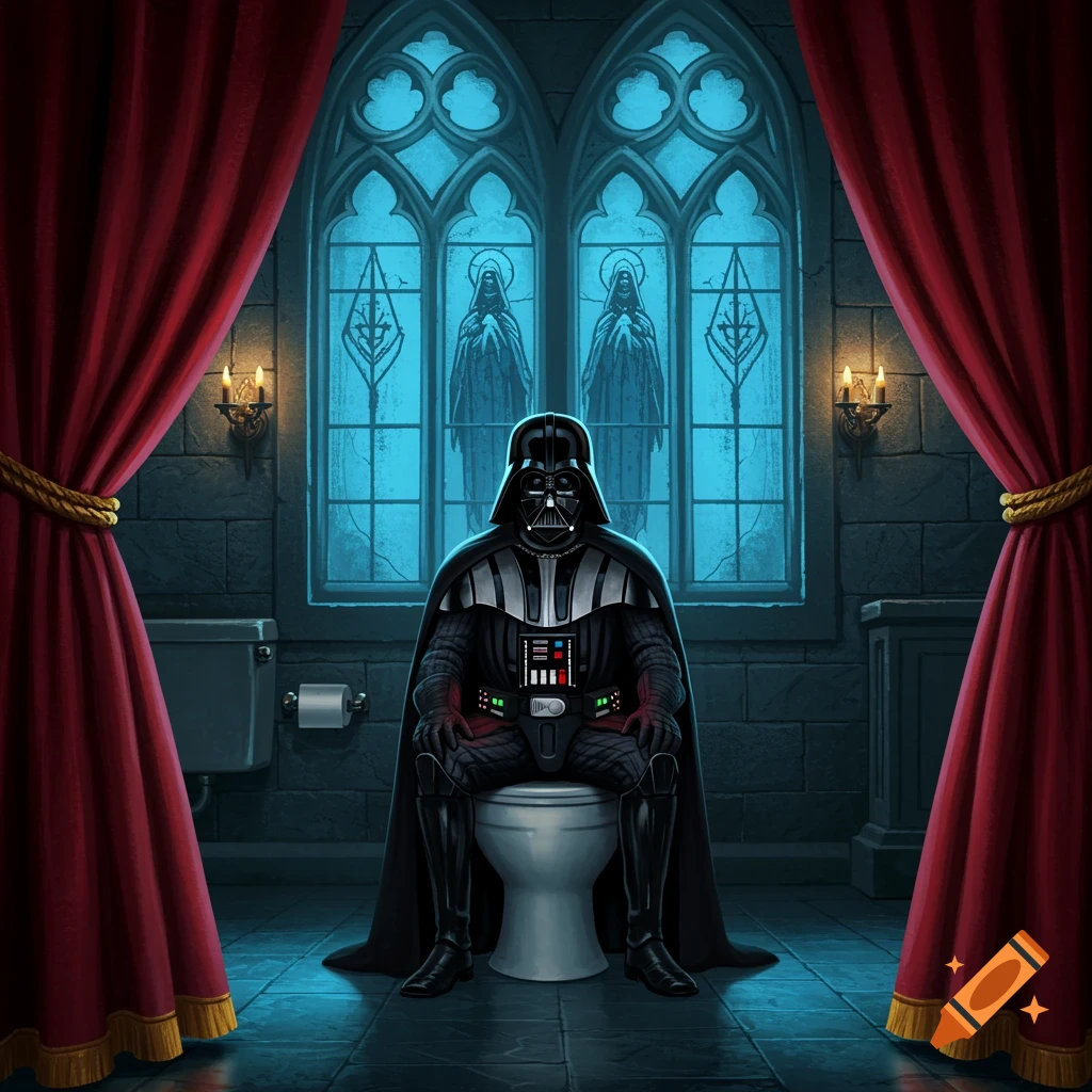 Darth Vader sits on a toilet in a dark, gothic-style bathroom with red curtains and stained-glass windows.