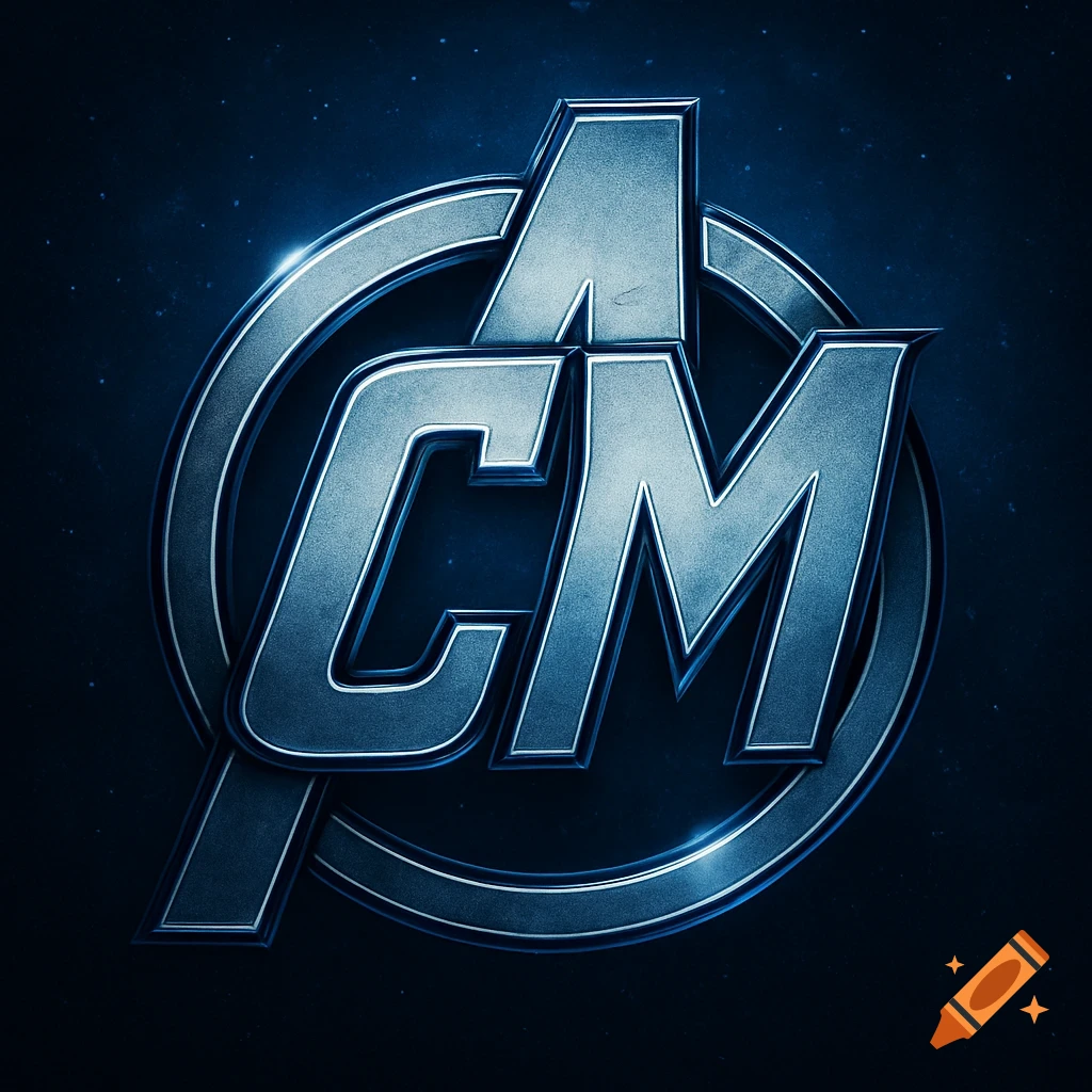 A metallic blue and silver logo in the style of the Avengers emblem, featuring a large 'A' with an arrow, and the letters 'CM' integrated within the circular design, set against a dark, starry background.