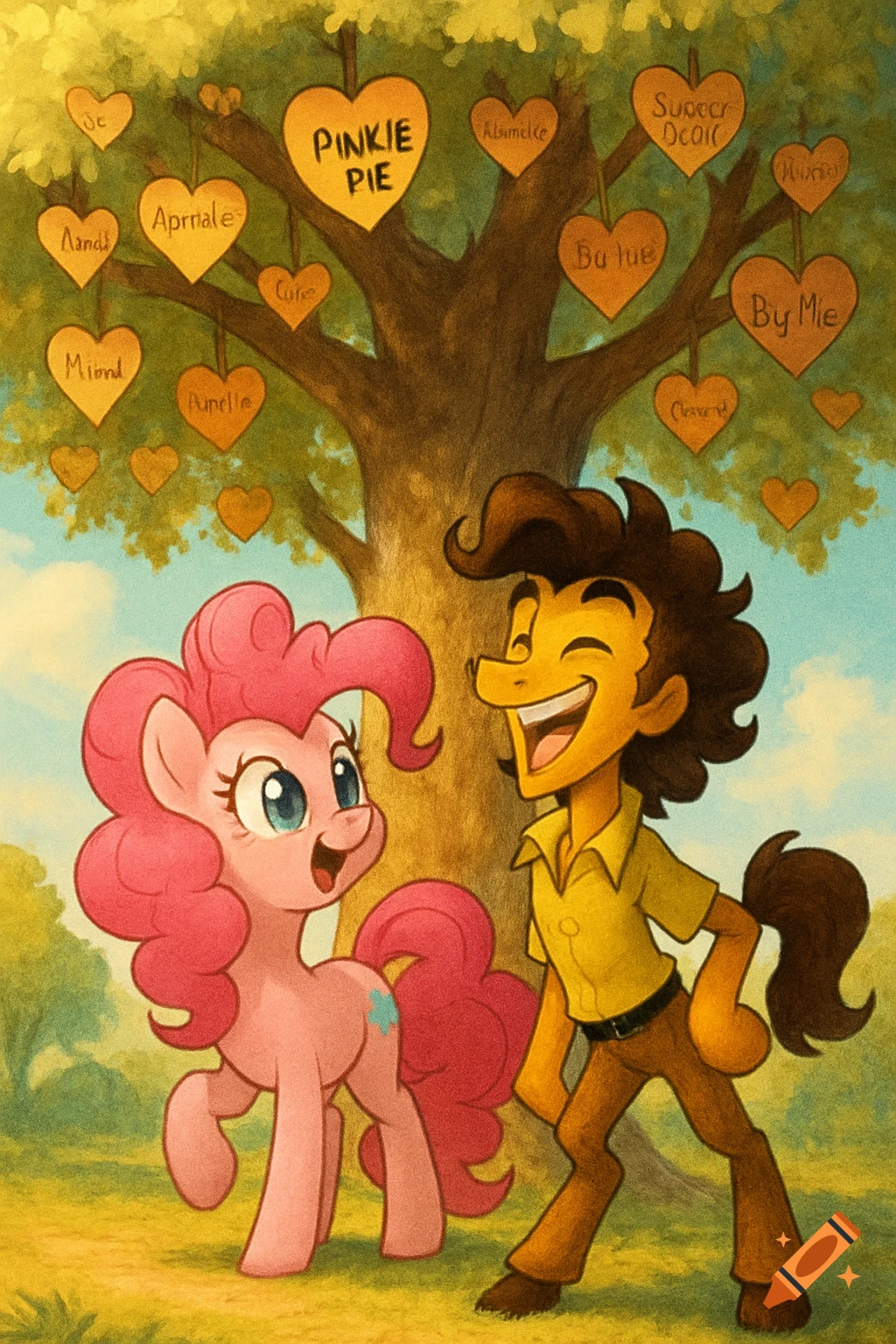 Pinkie Pie and Cheese Sandwich stand smiling under a tree filled with heart-shaped signs, one of which says 'PINKIE PIE'.