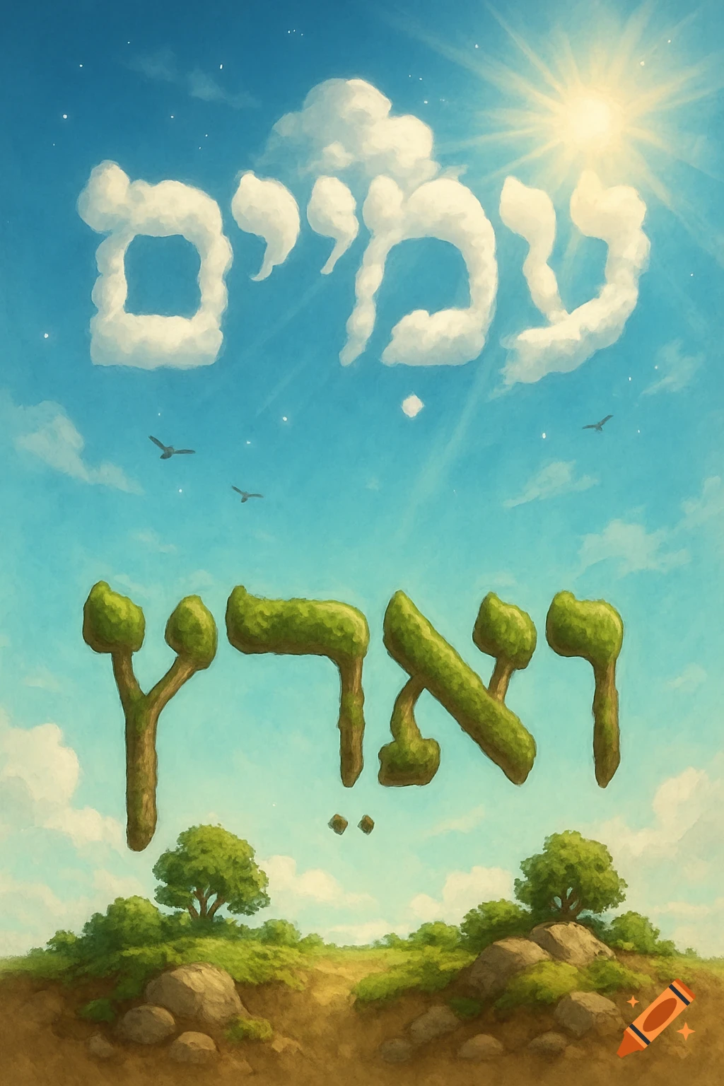 Digital painting of Hebrew words 'Heavens' formed by clouds in a bright sky and 'Earth' formed by green, rocky land below.