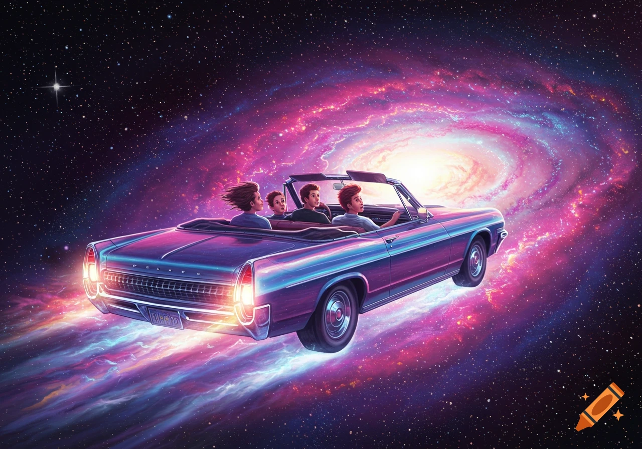 A psychedelic illustration of a vintage car with four people flying through a vibrant, swirling galaxy filled with stars and cosmic light.