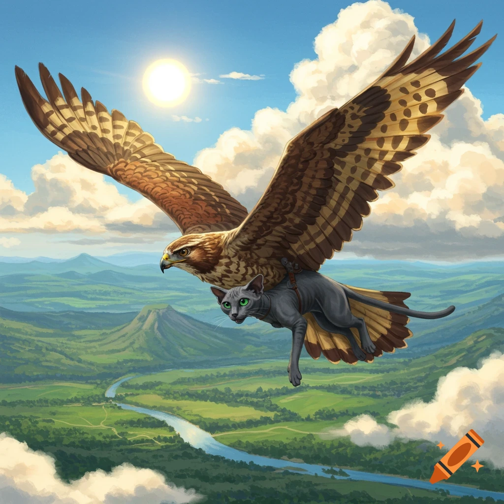 A large brown hawk with a gray sphynx cat riding on its back flies over a green mountainous landscape with a river under a bright sun.