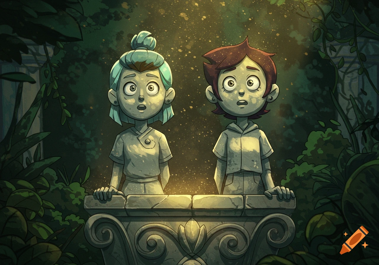 Two surprised cartoon characters, turned to stone, stand behind a stone railing in a dark, overgrown garden with glowing specks.