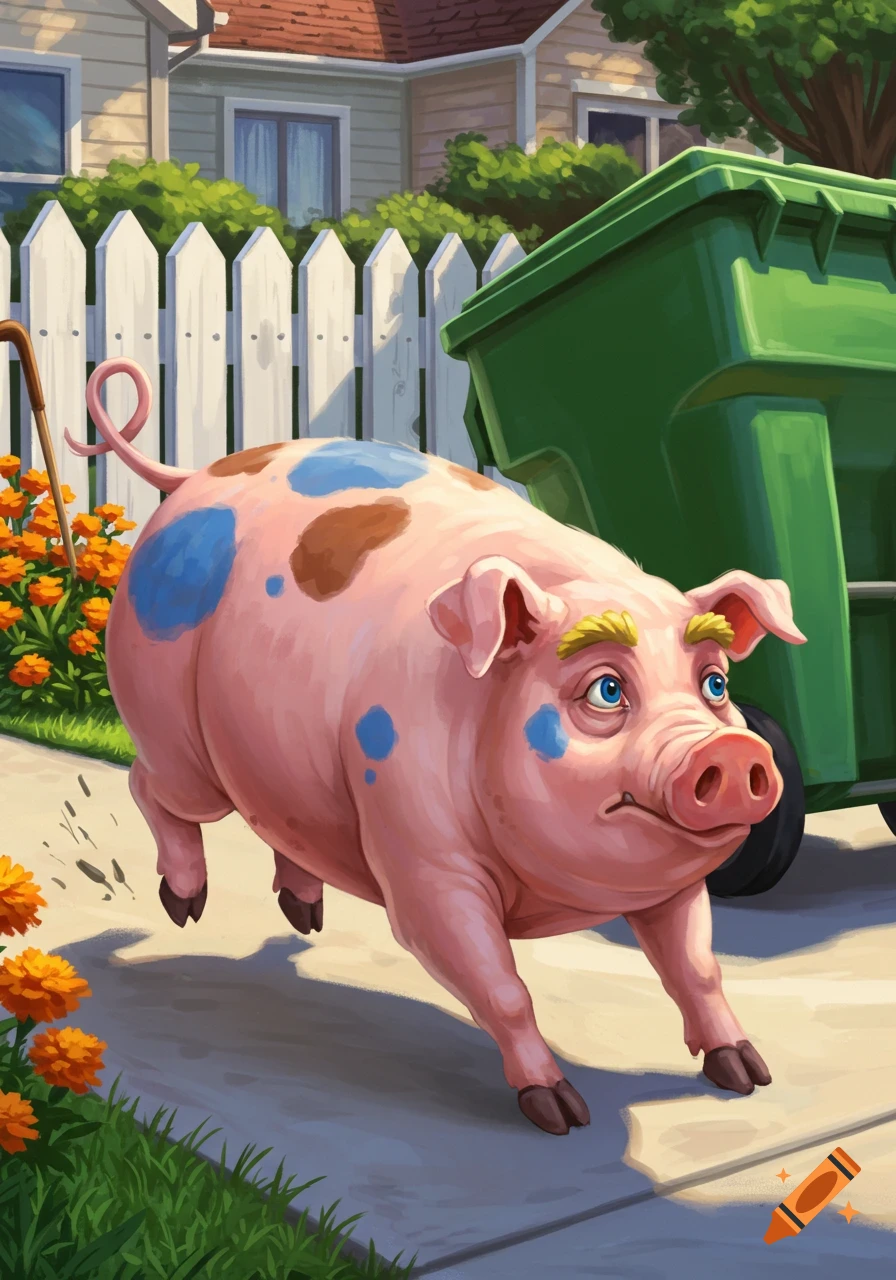 A cartoon pig with blue and brown spots and yellow eyebrows chases a green trash bin down a suburban driveway.