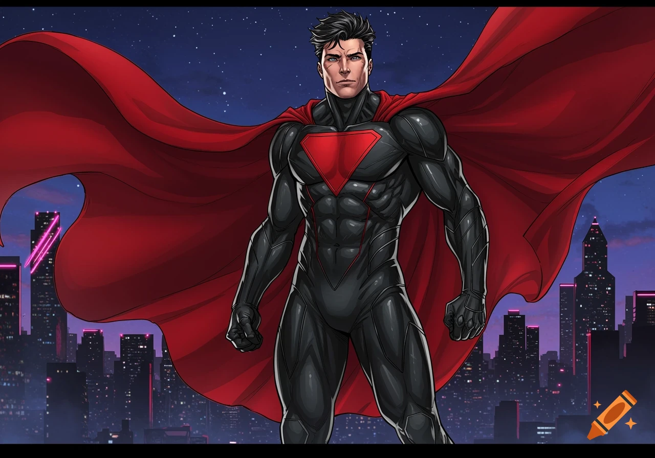 A male superhero in a black suit with a red triangular emblem and a red cape stands against a city skyline at night in a comic art style.