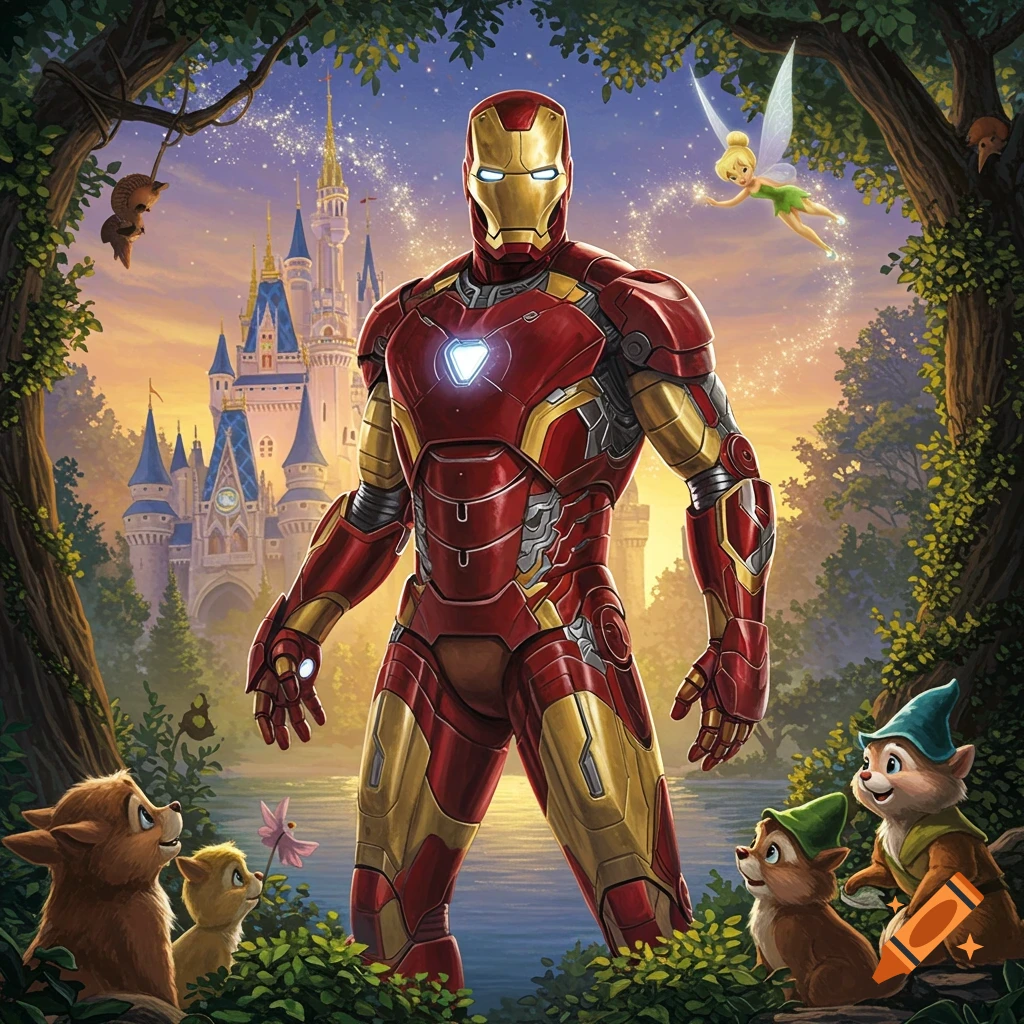 Iron Man stands in a magical forest with a Disney castle, Tinkerbell, and woodland creatures.