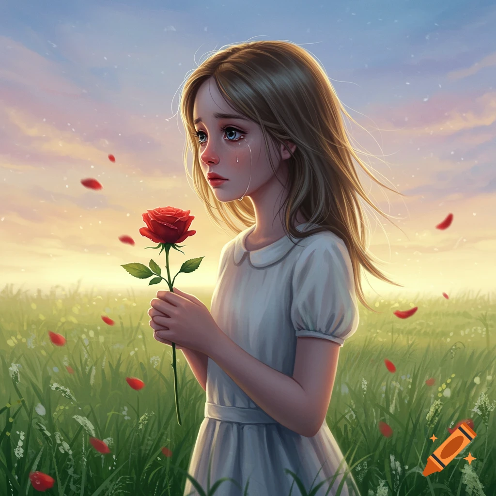 A digital art illustration of a crying girl holding a red rose in a grassy field at sunset with falling petals.