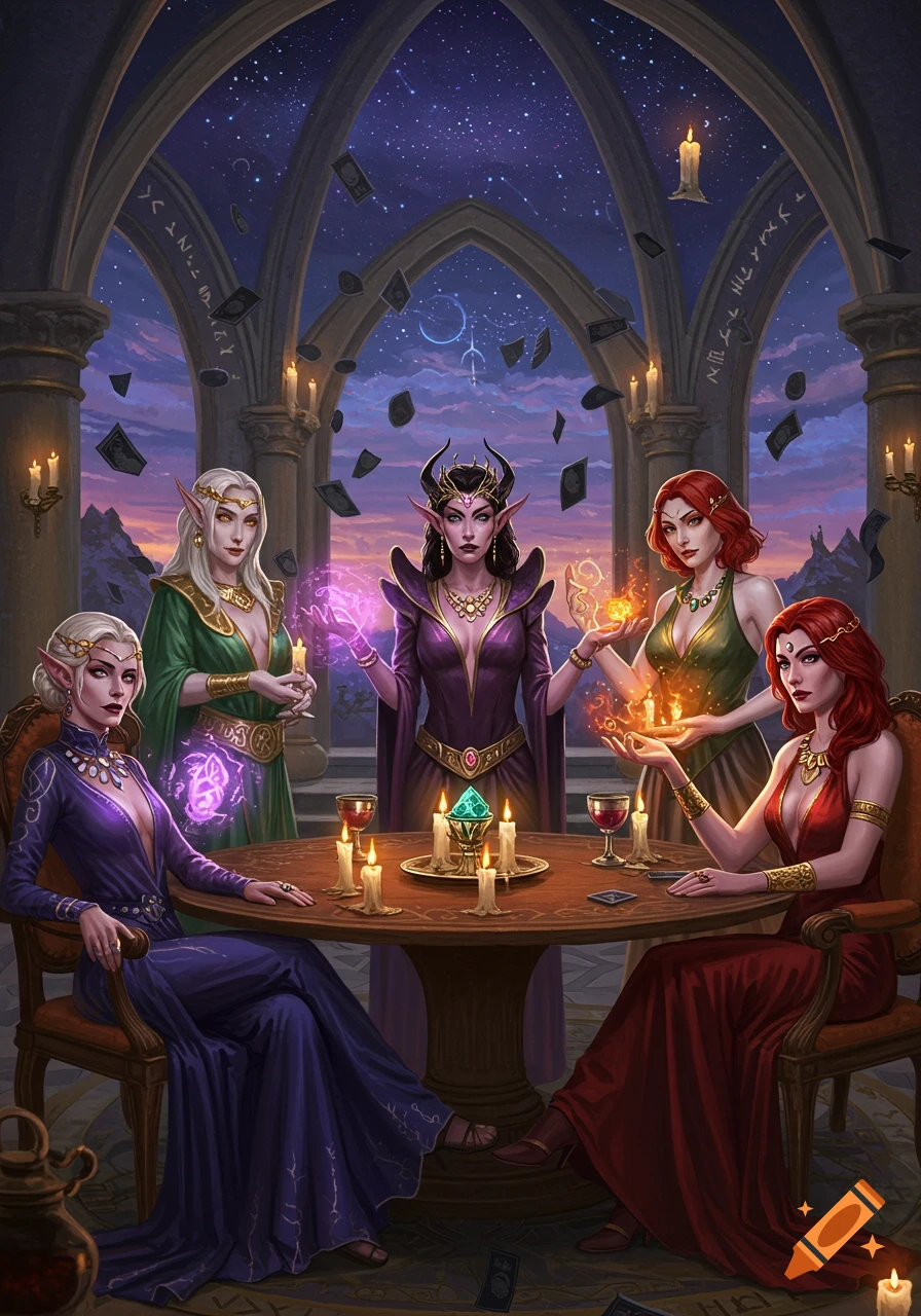 Five magical women in ornate dresses sit around a table with candles and floating cards, casting spells in an arched chamber under a starry night sky.