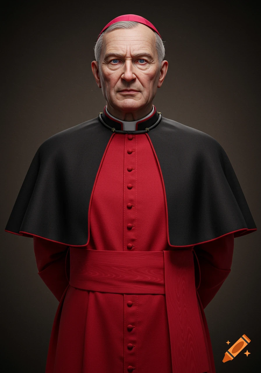 Photorealistic portrait of an imposing older man with blue eyes, wearing a red Catholic cassock and black cape.