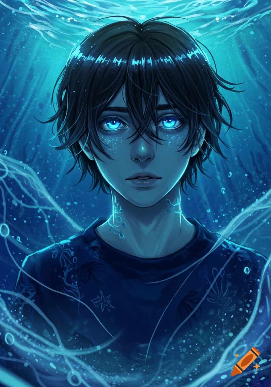 An anime-style digital painting of a boy with glowing blue eyes and dark hair, submerged in a blue underwater scene.