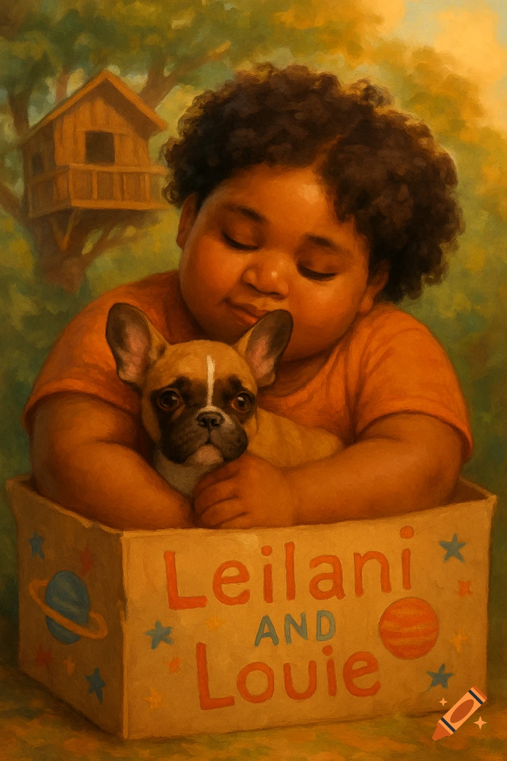 A child hugs a French Bulldog in a cardboard box labeled 'Leilani AND Louie' with a treehouse in the background, painted in a warm, dreamy style.