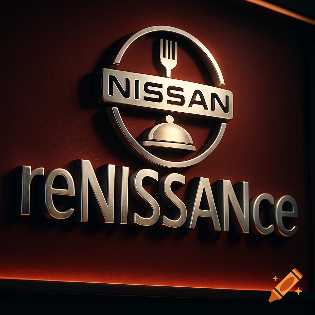 A metallic 'reNISSANce' sign on a dark red wall, with a 'NISSAN' logo featuring a fork and cloche above it. Photorealistic style.