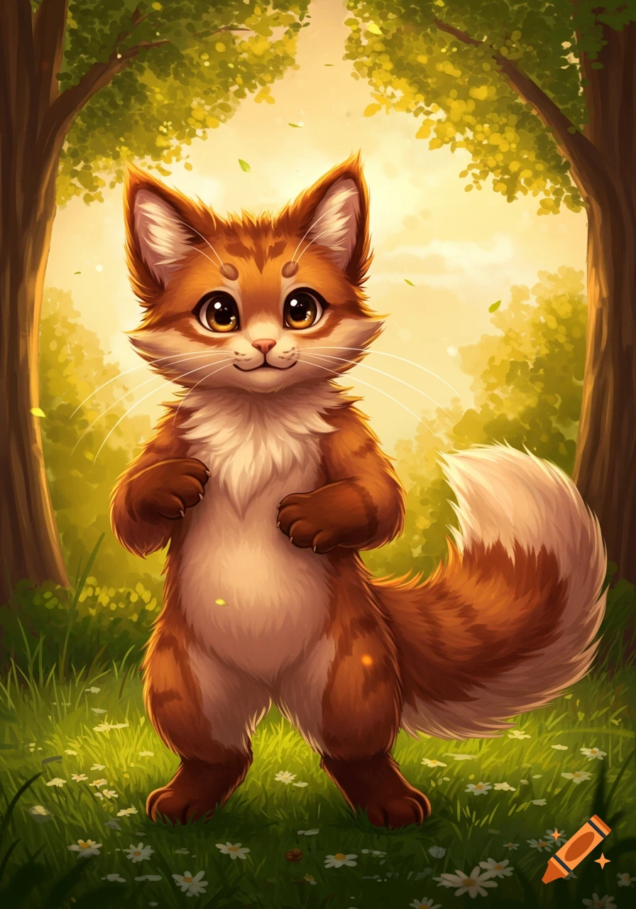 A cute, fluffy, orange and white cartoon cat-like creature stands in a sunny forest.