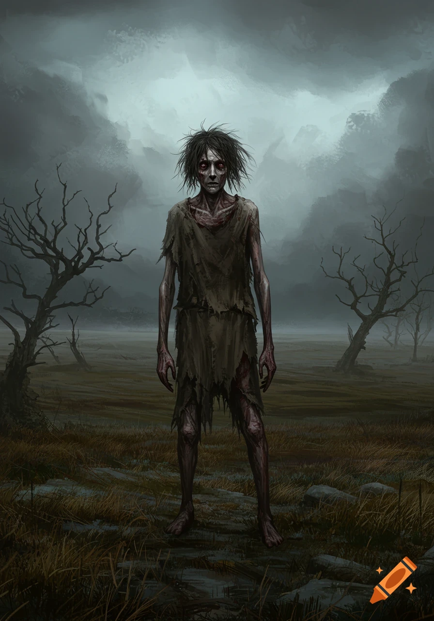 A gaunt, disheveled figure in rags with red eyes stands in a desolate, muddy landscape under a gloomy sky, with bare trees.