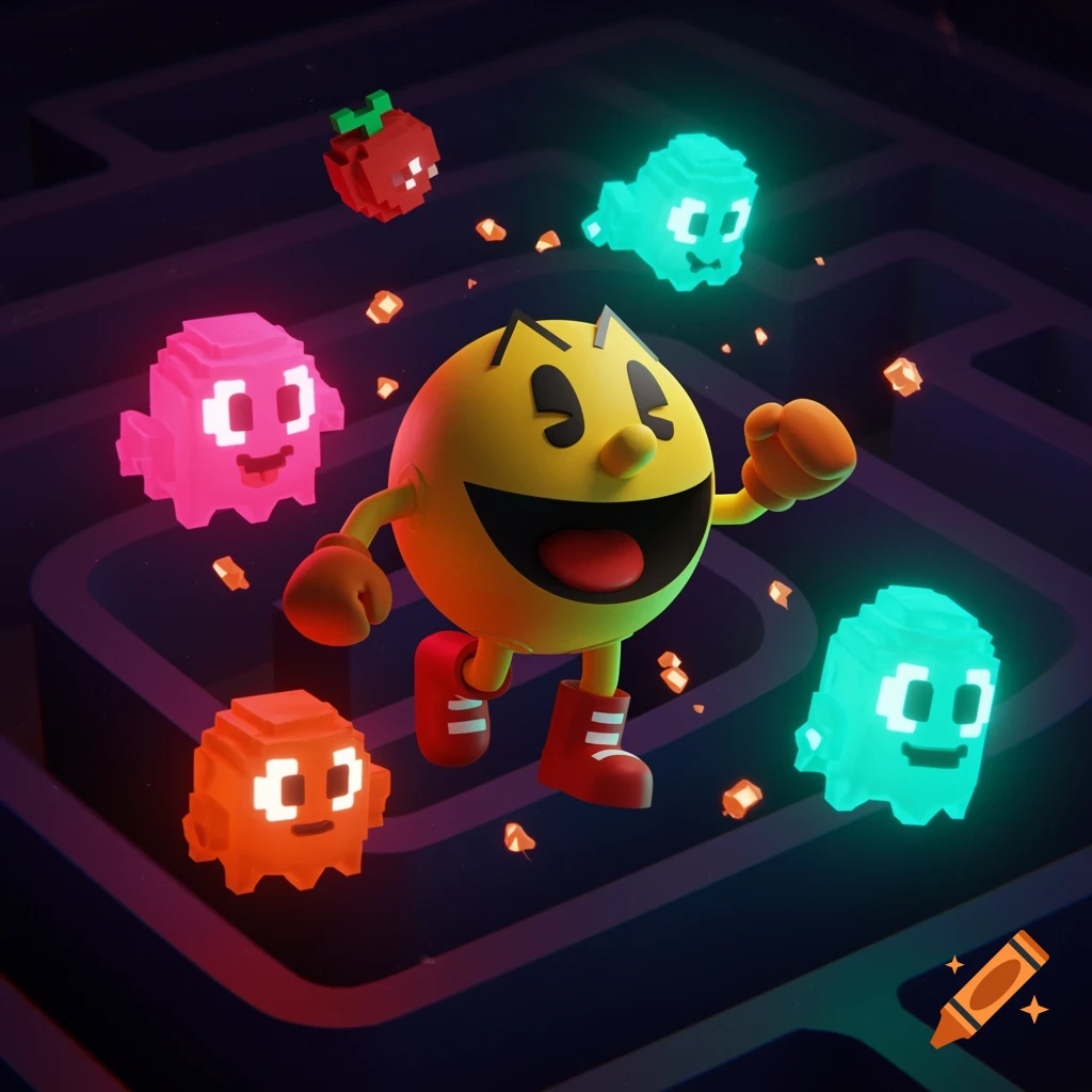 A vibrant 3D render of Pac-Man running through a dark maze, surrounded by glowing ghosts and power pellets.