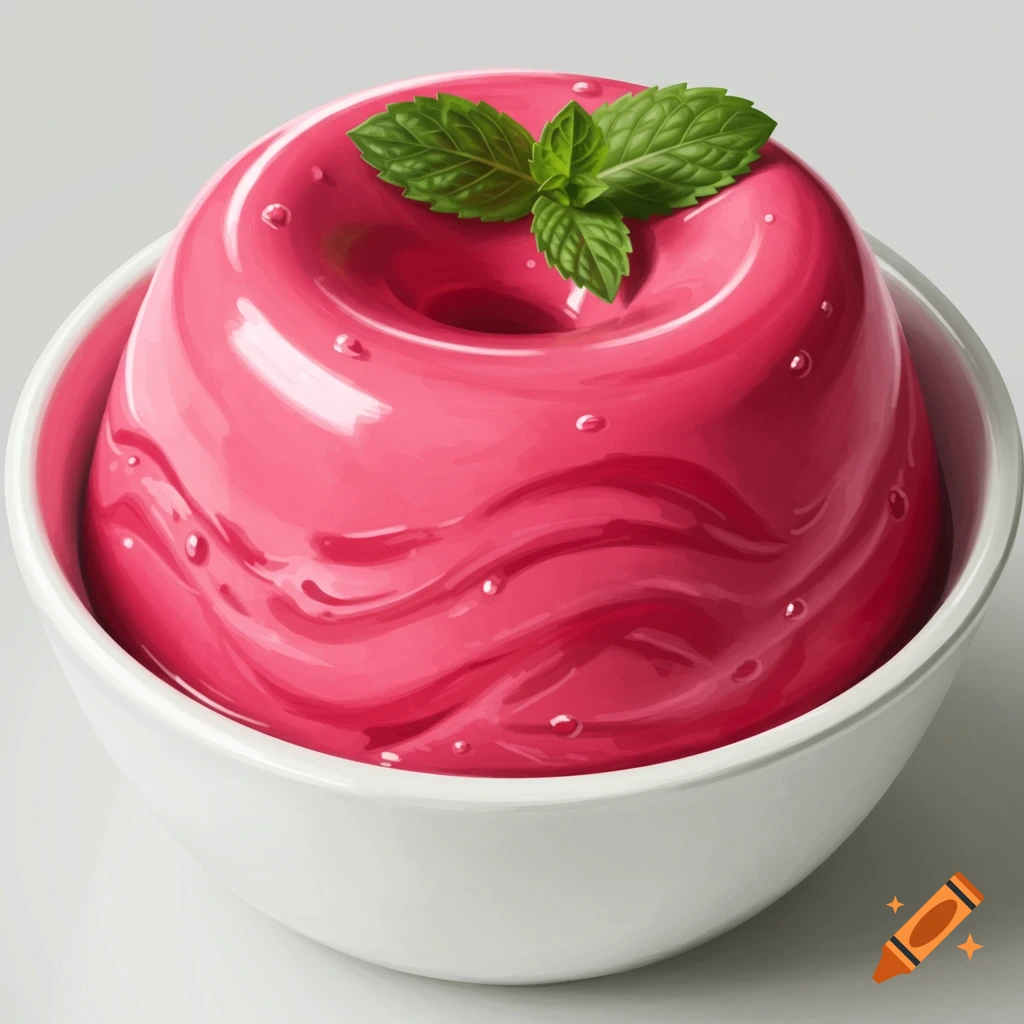 A bright pink, donut-shaped pudding in a white bowl, topped with fresh mint leaves.