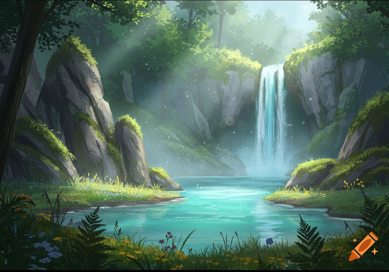 A lush forest scene with a waterfall flowing into a clear pond, surrounded by mossy rocks and vibrant green foliage, bathed in sunlight.
