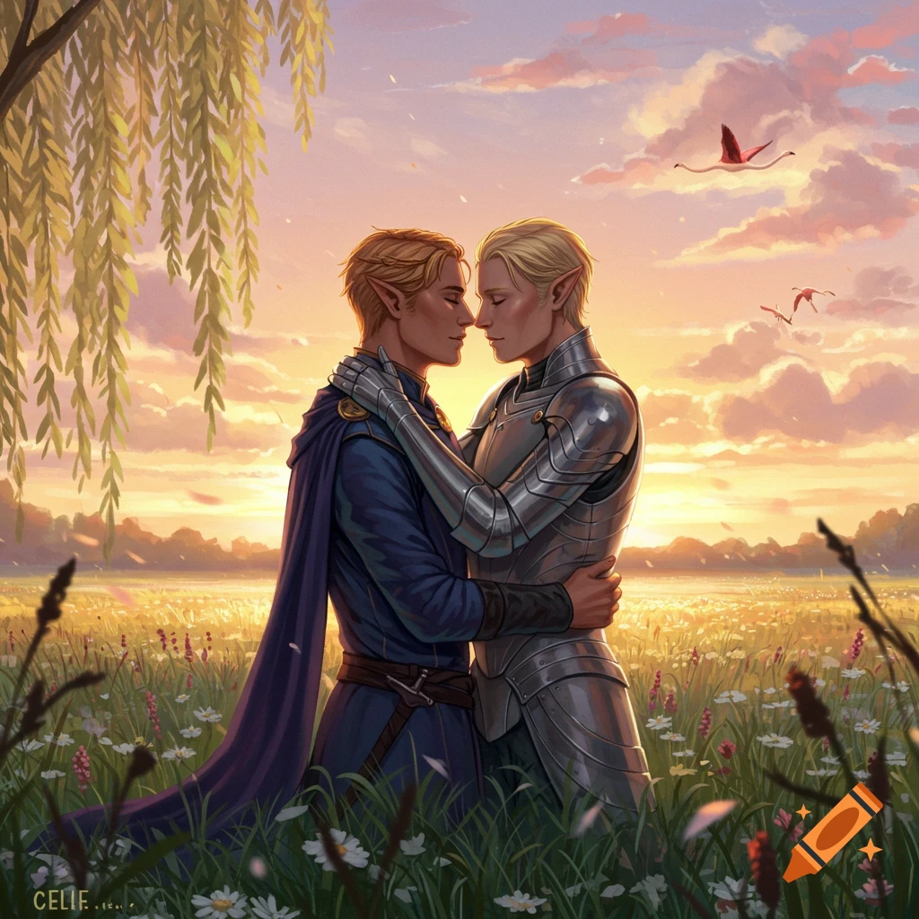 Two elven men embrace in a field of wildflowers under a willow tree at sunset, with birds flying in the distance.