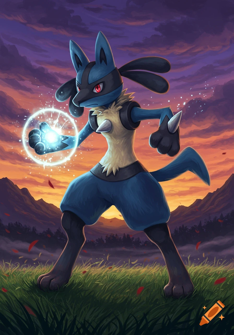Lucario stands in a grassy field, holding a glowing blue energy orb, against a dramatic purple and orange sunset with mountains.