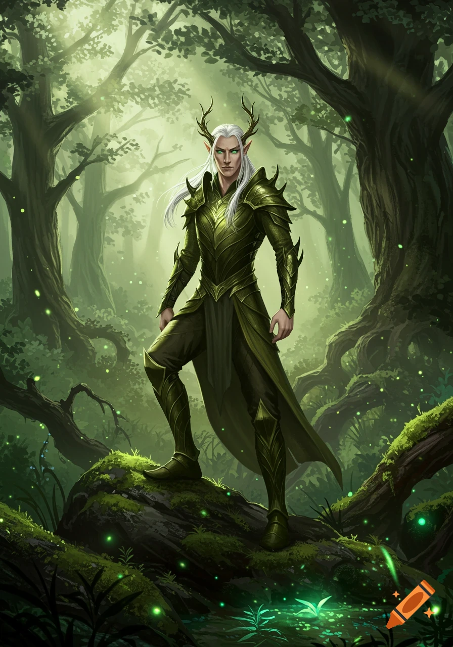 A male elf with white hair, green eyes, and small antlers, wearing green armor, stands on a mossy rock in a glowing fantasy forest.