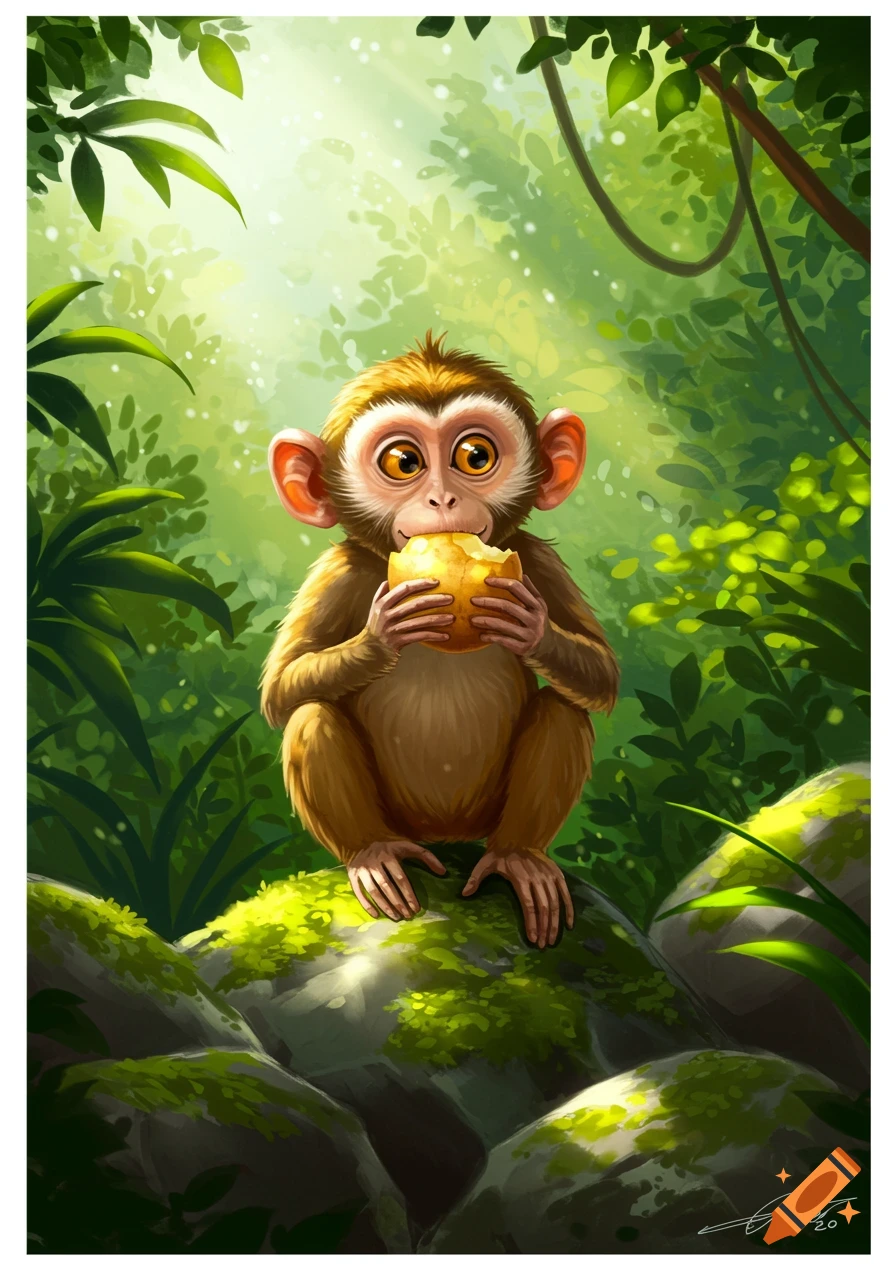 Cartoon illustration of a cute baby monkey sitting on mossy rocks in a jungle, eating a piece of fruit.