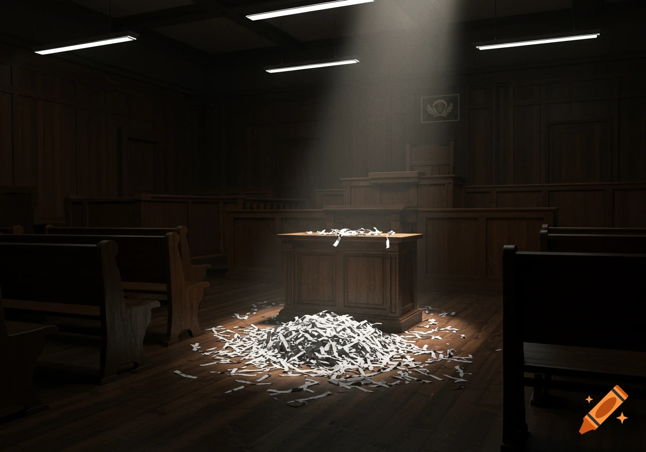 A dark courtroom illuminated by a spotlight, with shredded white papers scattered on the floor and desk.