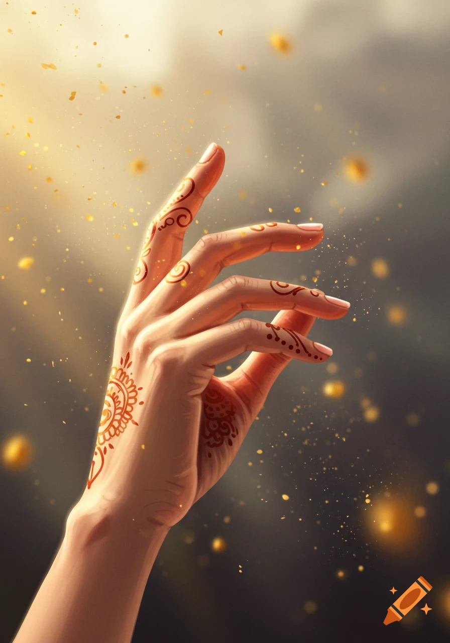 A hand adorned with intricate reddish-brown henna designs reaches upward into a golden, sparkling light in a digital art style.