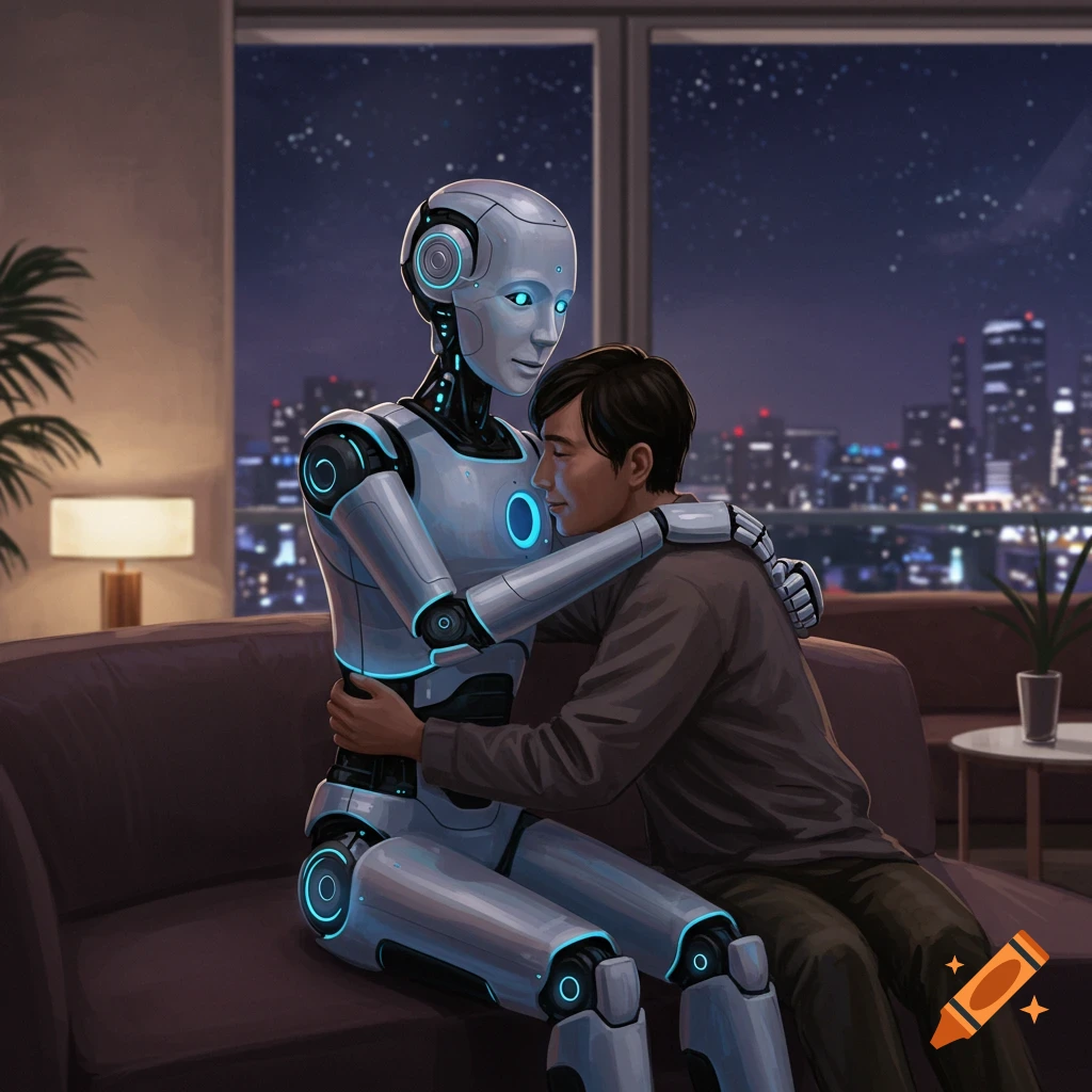 A futuristic robot embraces a man on a couch at night, with a city skyline visible through a large window.