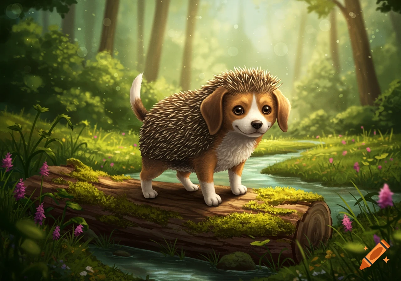 A cute dog with hedgehog quills stands on a mossy log in a bright, lush forest with a stream.