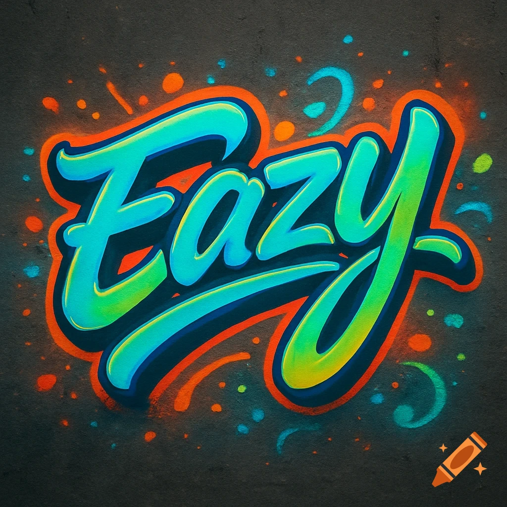 A vibrant graffiti-style rendering of the word "Eazy" in blue and green with orange outlines and colorful paint splatters on a dark textured background.