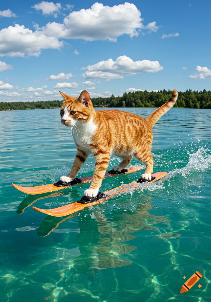 An orange and white tabby cat water skis across a clear blue lake under a sunny sky.