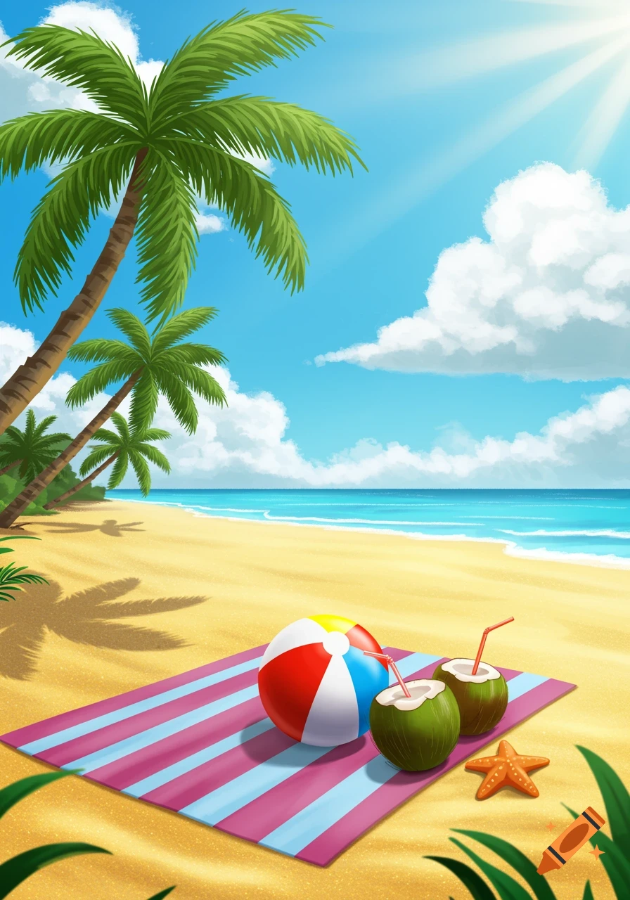 A vibrant illustration of a sunny beach with palm trees, a striped towel, a beach ball, and two coconuts on the sand.
