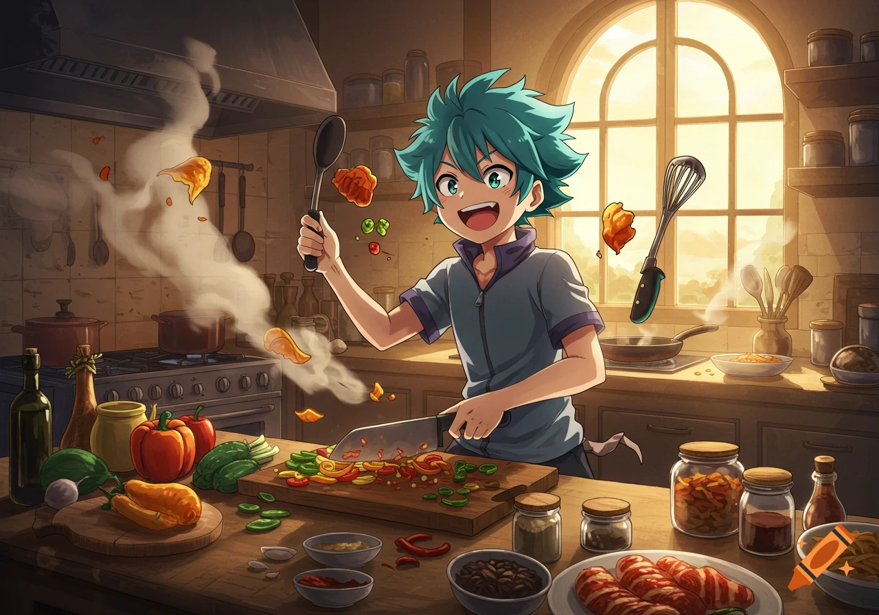 Anime style boy with teal hair enthusiastically chopping vegetables and cooking in a kitchen filled with steam and flying food.