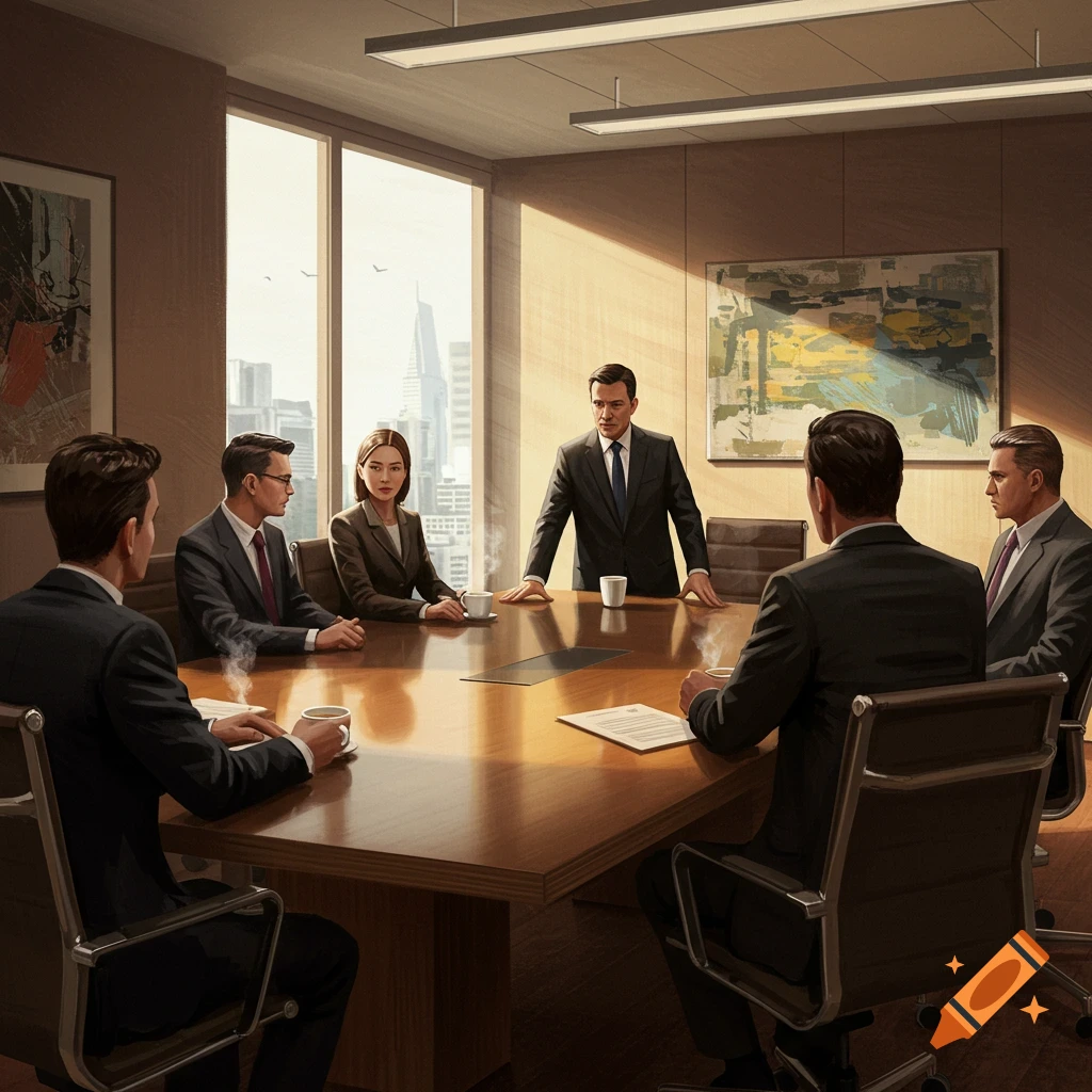 A group of professionals in suits gathered around a large wooden table in a brightly lit modern boardroom with a city view.