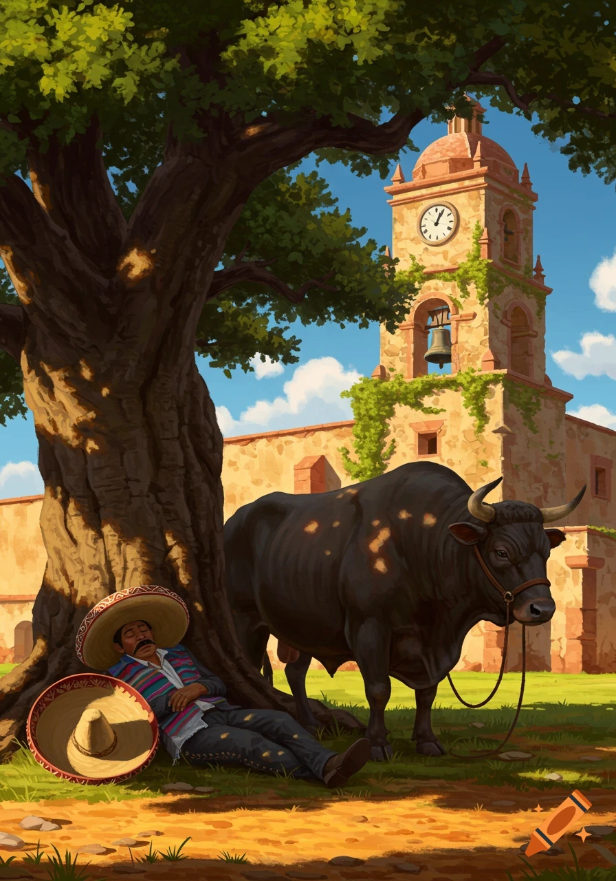 A Mexican man in a sombrero sleeps under a large tree, with a bull beside him and a bell tower in the background, stylized art.