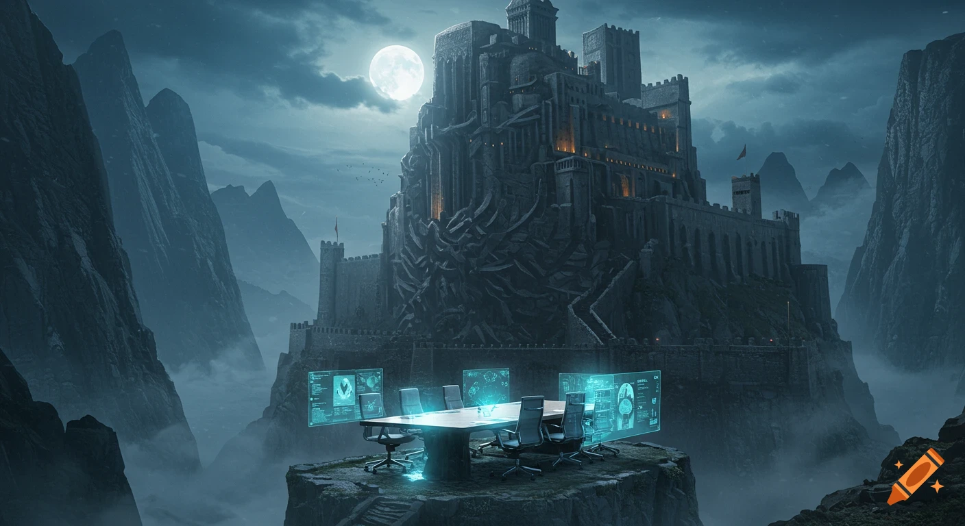 A modern meeting table with glowing holographic screens on a rocky cliff overlooking a misty mountain valley, with a large, dark fantasy castle under a full moon in the background.