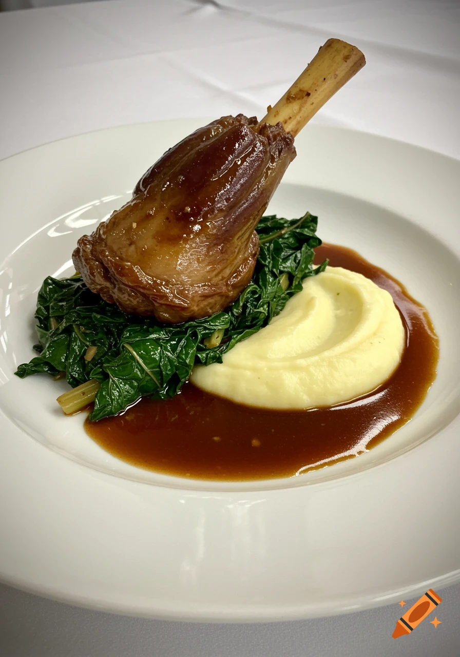Slow-braised lamb shank with Swiss chard, mashed potatoes, and lamb jus on a white plate, in a professional food photograph.