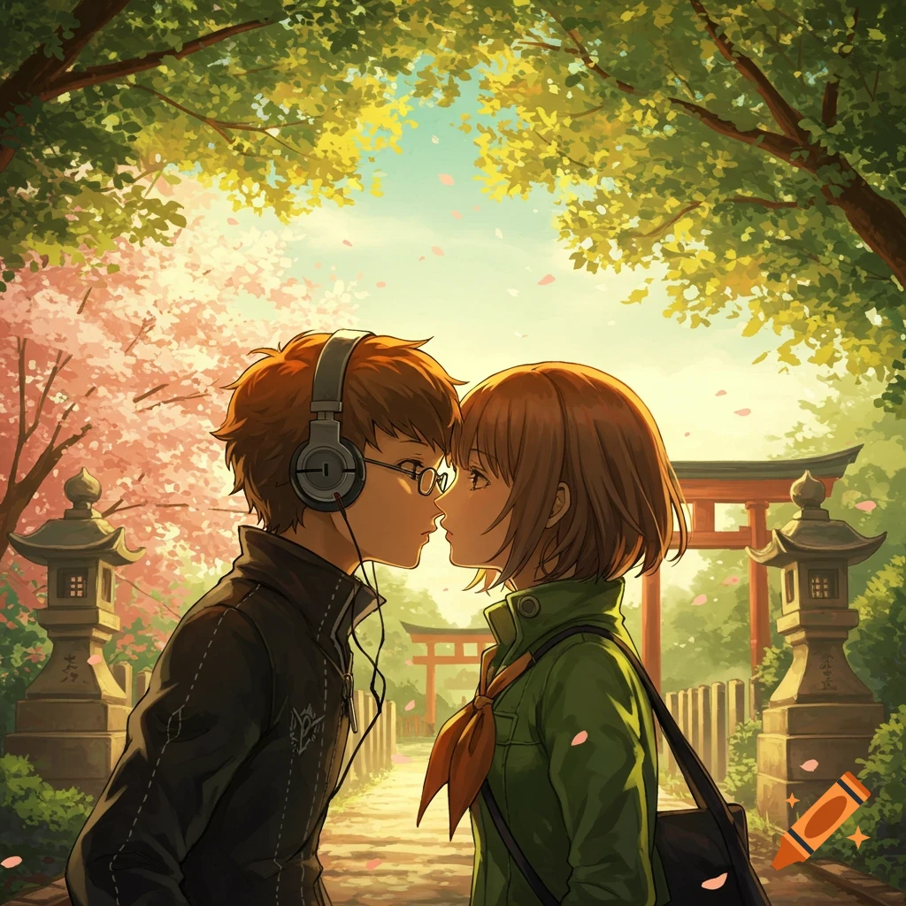Anime boy and girl almost kissing under cherry blossom trees in a Japanese garden with torii gates.