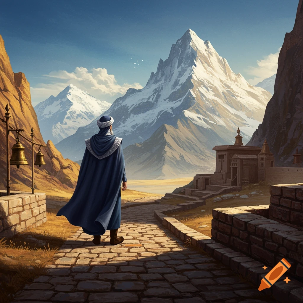 A robed figure stands on a stone path, looking at snow-capped mountains and ancient buildings under a clear sky.